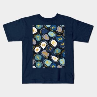 Mystical Viking Runes // pattern // black background blue grey and teal stones golden letters of the runic alphabet Kids T-Shirt